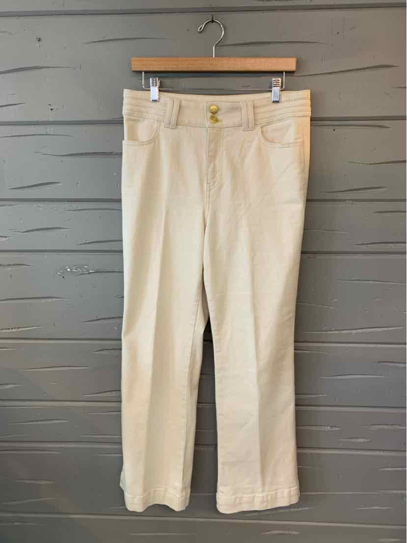 Cream-colored straight-leg pants with front pockets and button closure, size 10P.