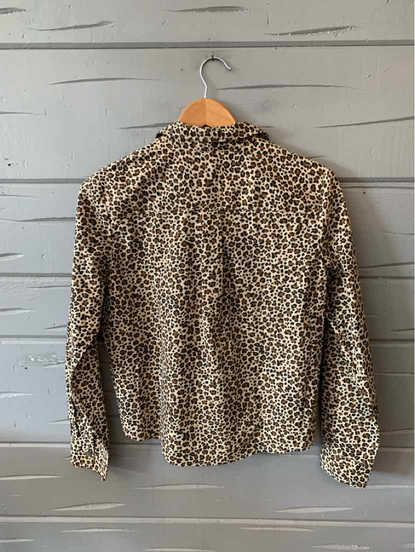 Long-sleeve button-up shirt in beige and black leopard print, lightweight fabric, size XS.