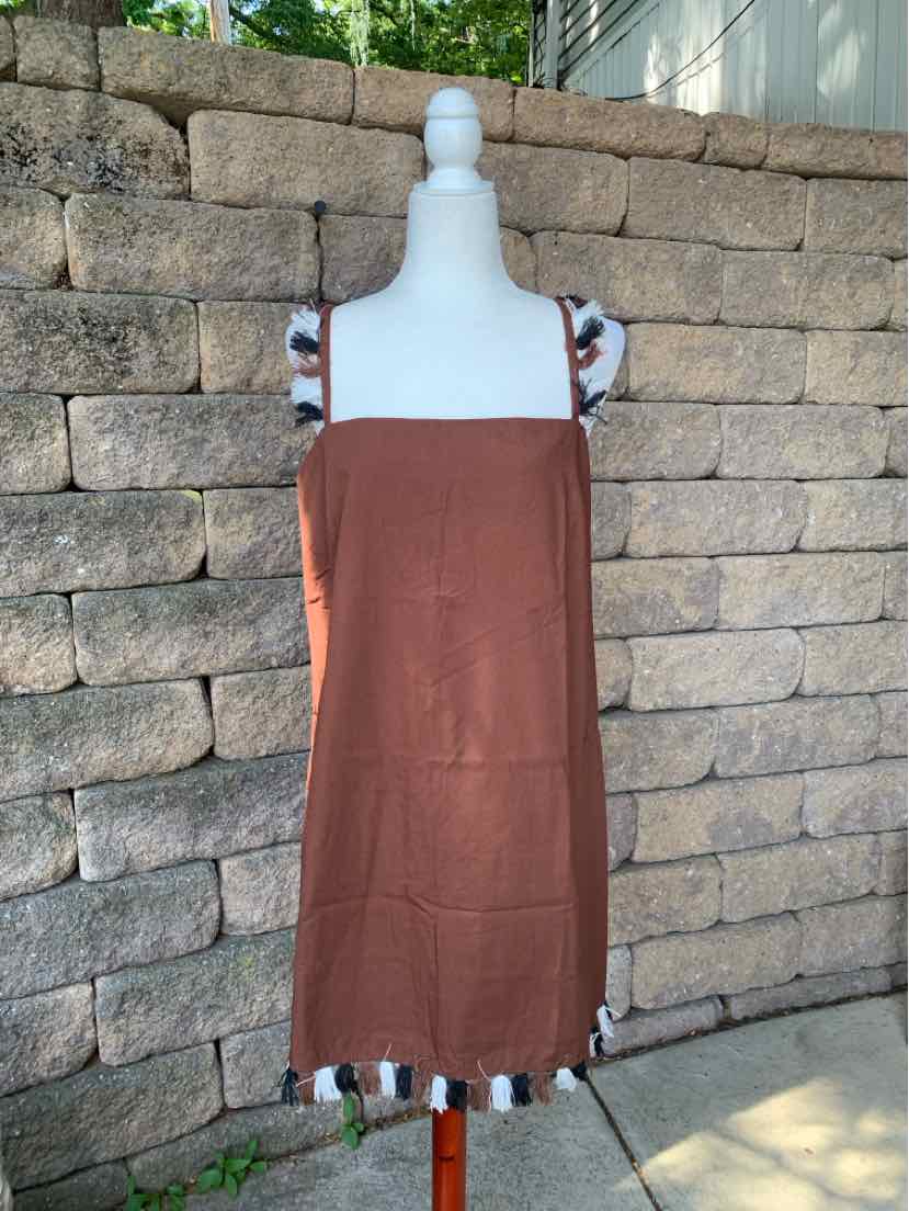 Brown sleeveless dress with square neckline and multicolored tassels on hem and straps.