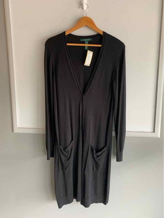 Black long-sleeve knee-length cardigan with two front pockets and a V-neck collar, hanging on wooden hanger.