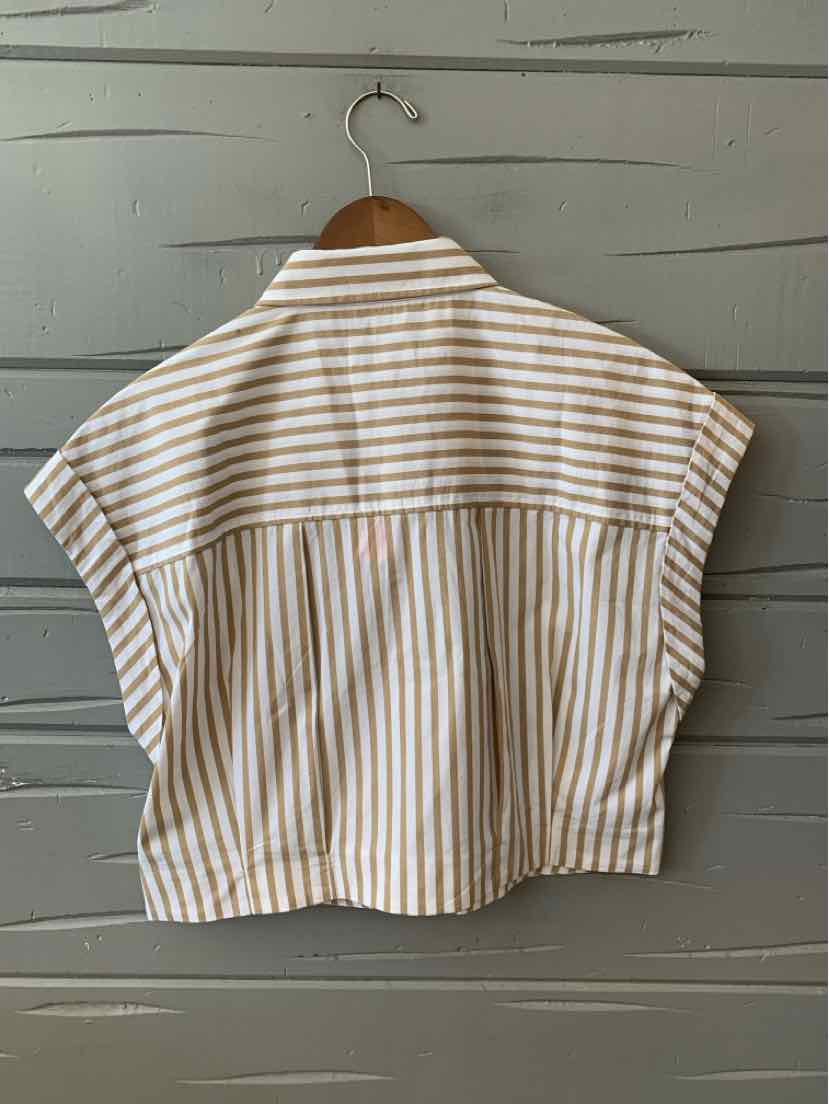 Tan and white striped short-sleeve cropped blouse with a boxy fit and button-up back.