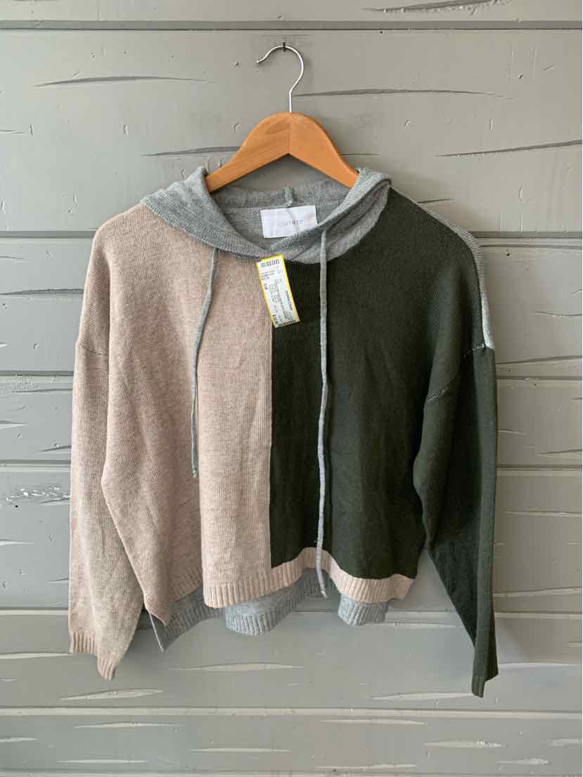Color block knit sweater with beige, olive green, and gray sections, featuring a hood and long sleeves.