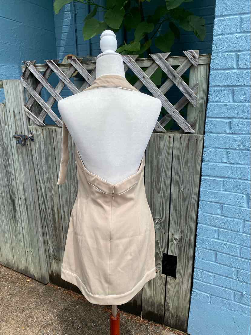 Tan sleeveless mini dress with deep open back and fitted silhouette.