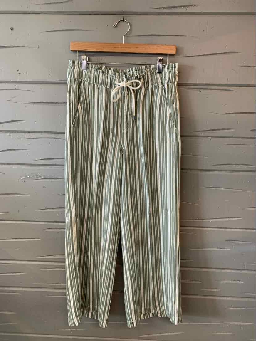 Light olive green wide-leg pants with vertical white stripes and a drawstring waist.