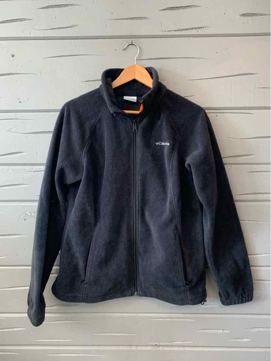 Dark gray fleece zip-up jacket with stand collar and Columbia logo on chest, size large.
