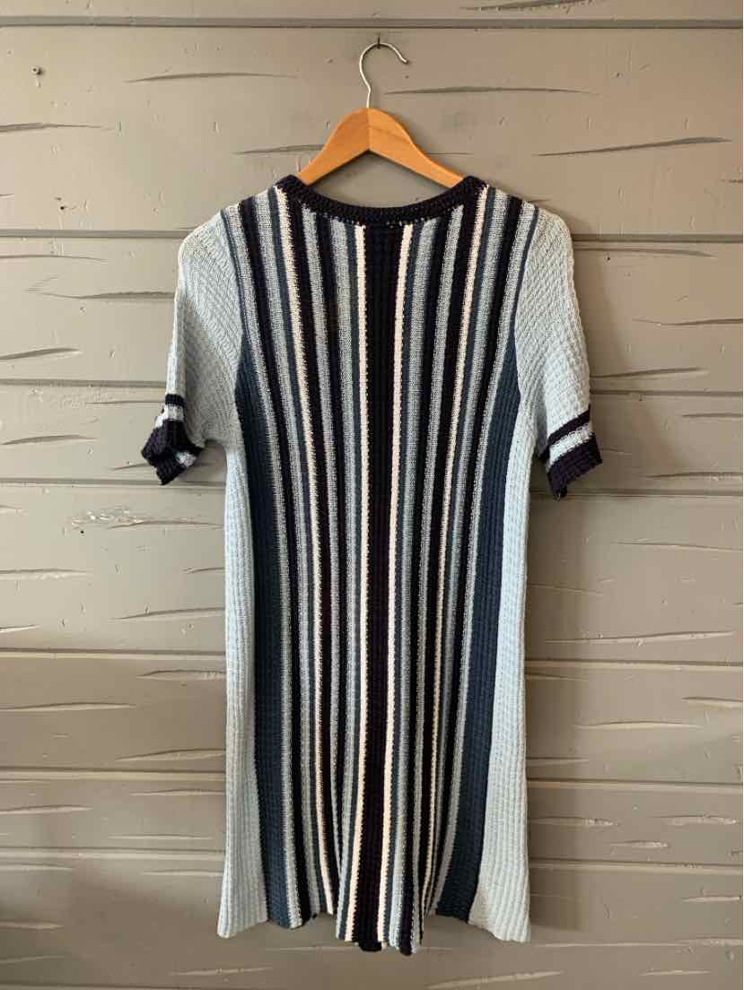 Knit midi dress with vertical navy, white, and beige stripes, short sleeves, and contrast ribbed neckline and cuffs.