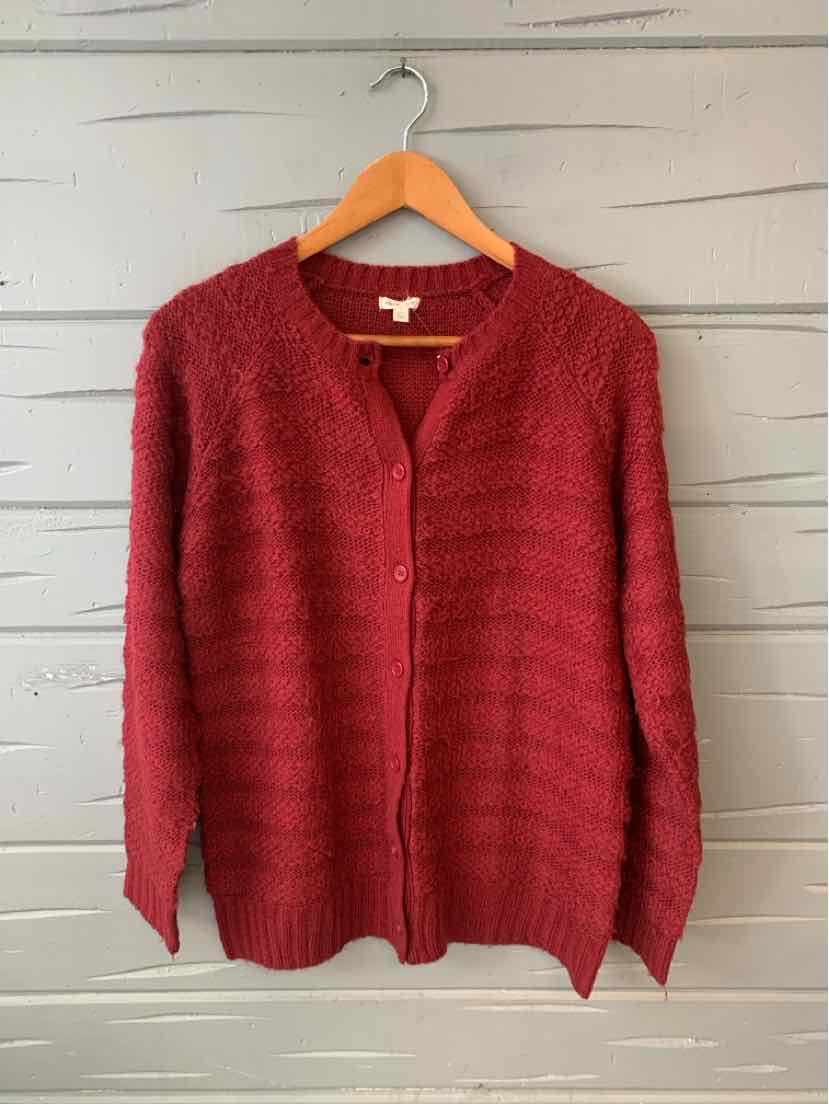 Burgundy long-sleeve knit cardigan with button front and textured horizontal stripes.
