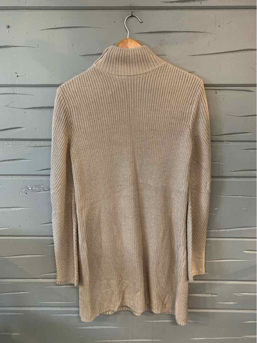 Beige knit long-sleeve sweater with high neck and ribbed texture, medium size.