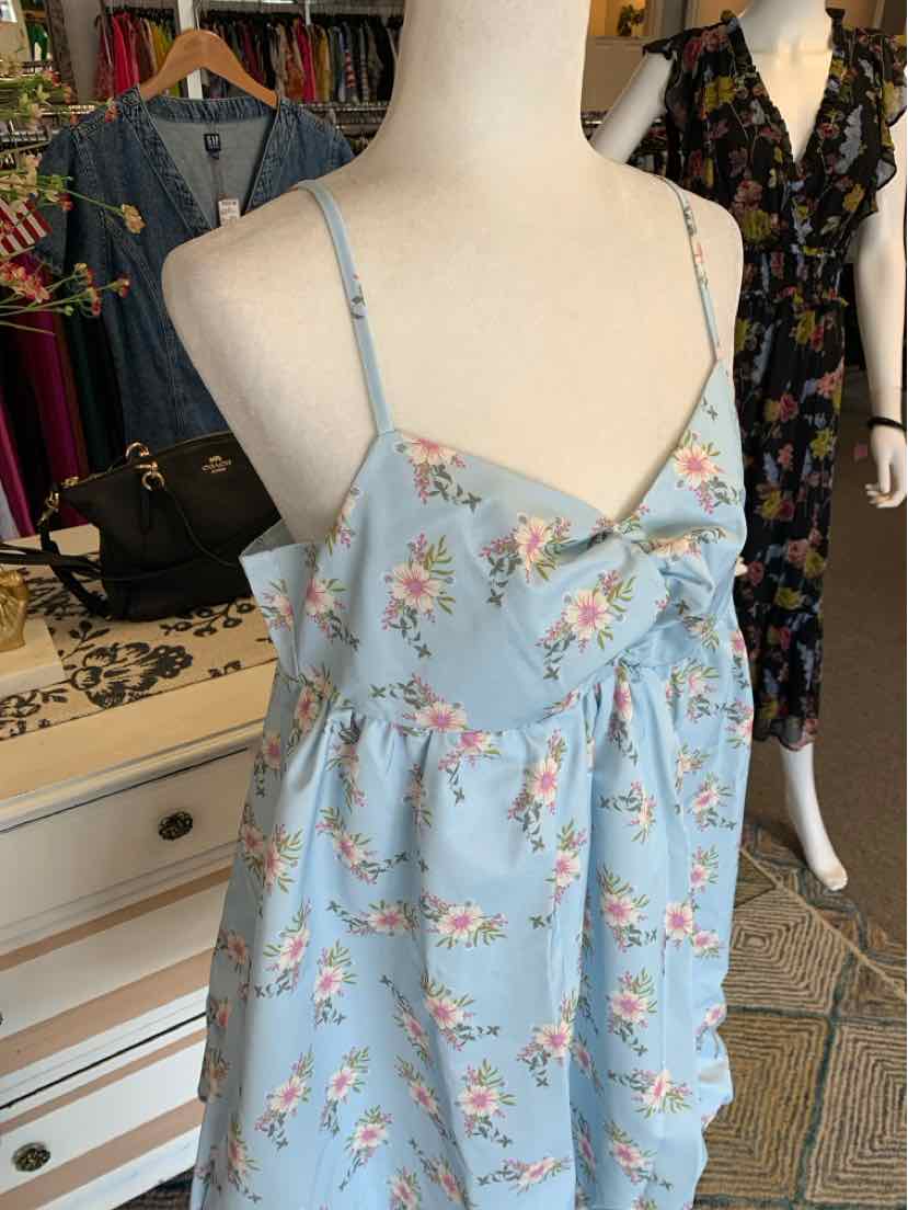 Light blue floral spaghetti strap dress with gathered empire waist and delicate pink and white flowers.