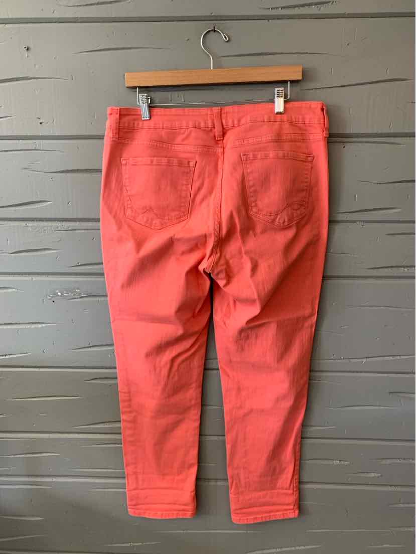 Coral-colored straight-leg pants with rear patch pockets hanging on wooden hanger.