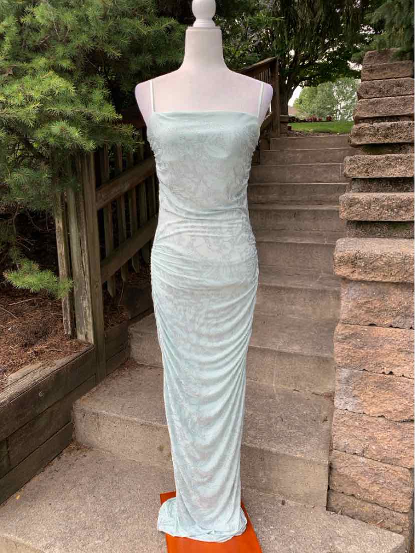 Light mint green strapless ruched midi dress with subtle shine and fitted silhouette.