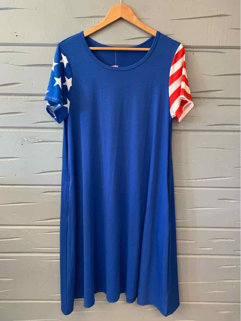 Blue knee-length dress with short sleeves, left sleeve blue with white stars, right sleeve red and white stripes, round.
