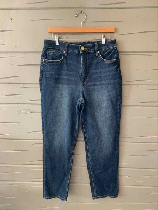 Dark blue denim jeans with classic five-pocket design and button closure, size 12.