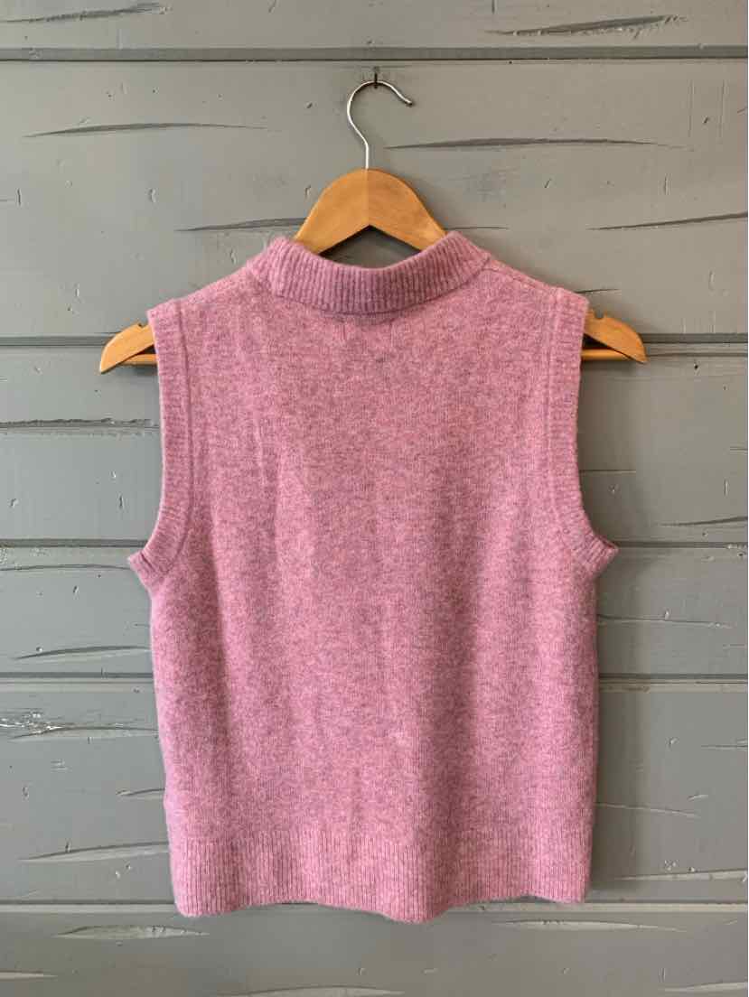 Lavender sleeveless knit top with mock neck, small size, displayed on wooden hanger.