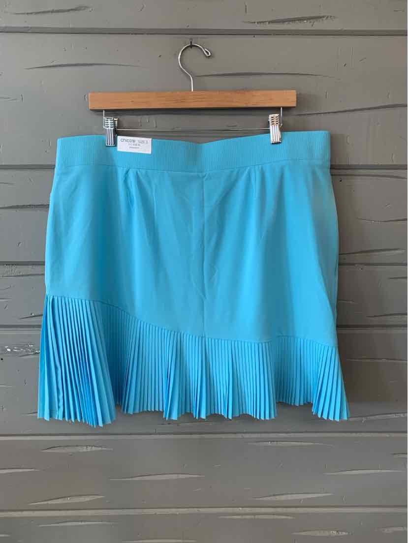 Blue pleated skort with smooth waistband, size 16, hanging on wooden hanger against gray wall.