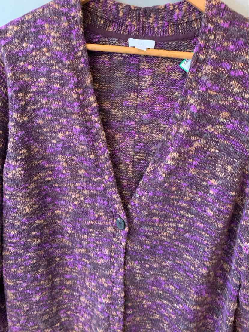 Purple and lavender marled knit cardigan with V-neck and buttons front closure.