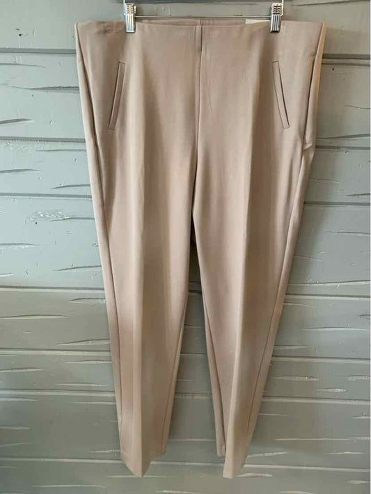Beige straight-leg trousers with a smooth finish and flat front, size 16.