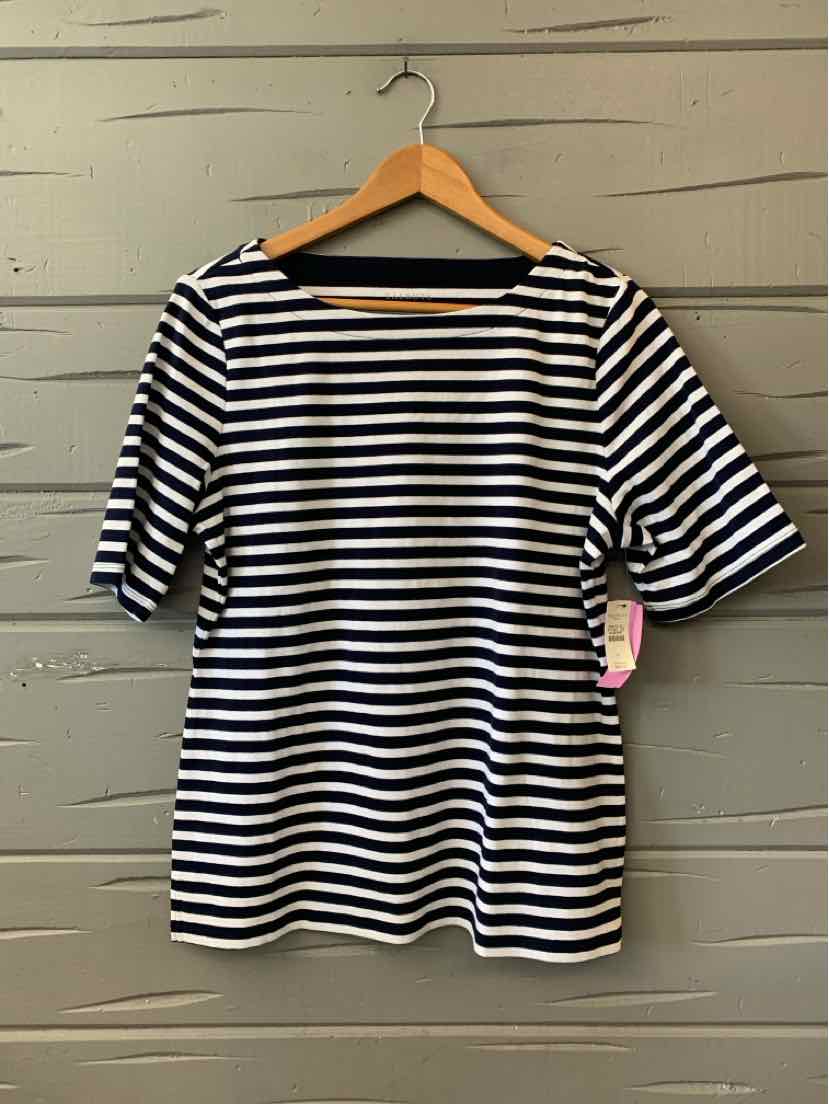 Black and white horizontal striped short-sleeve top with a boat neckline, size large.