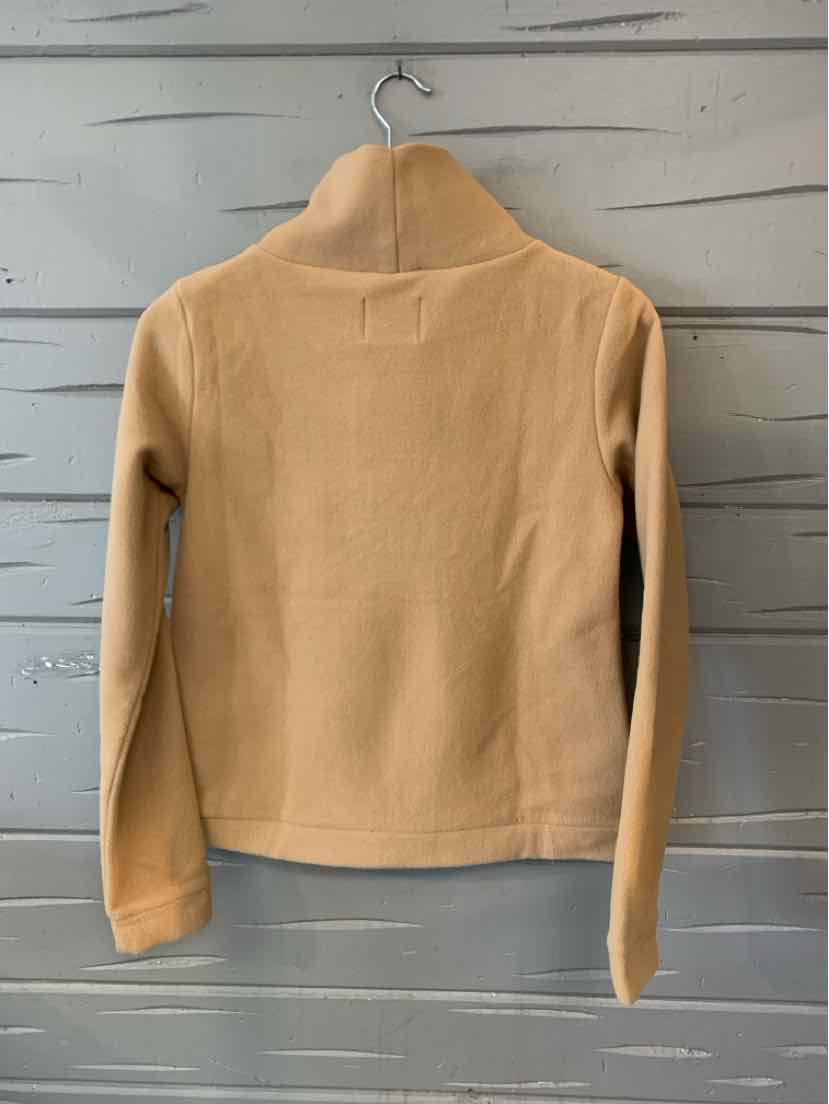 Tan long-sleeve fleece jacket with high collar and fitted waist, size XS.