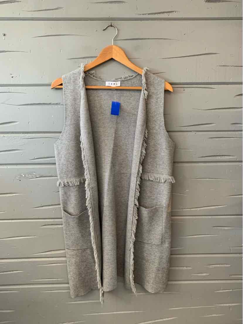 Heather gray sleeveless knit cardigan vest with an open front and two patch pockets.