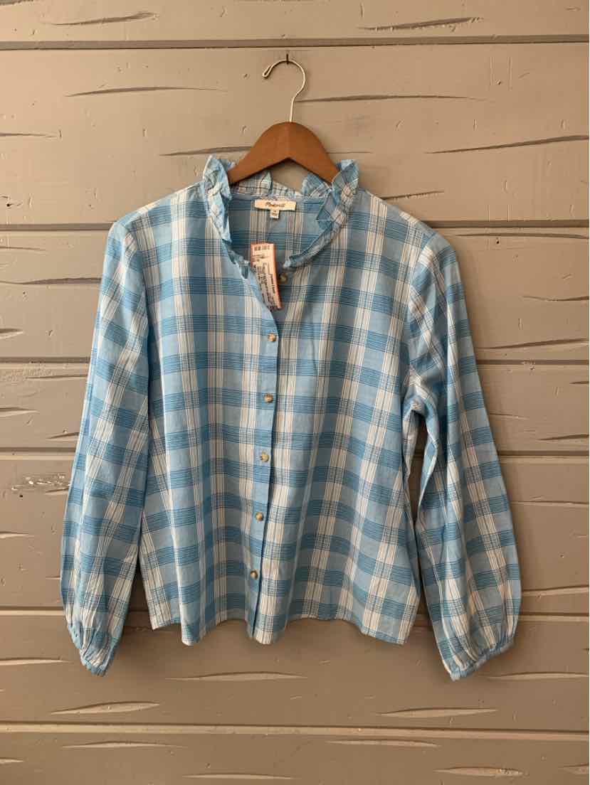 Light blue and white plaid zip-up jacket with long sleeves and a stand collar, medium size.