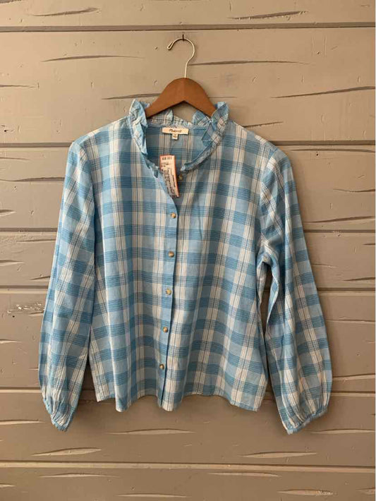 Light blue and white plaid zip-up jacket with long sleeves and a stand collar, medium size.