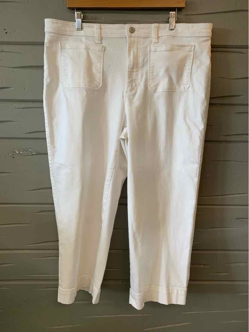 White denim jeans in size 16 with front and back pockets, straight leg cut, and button closure.