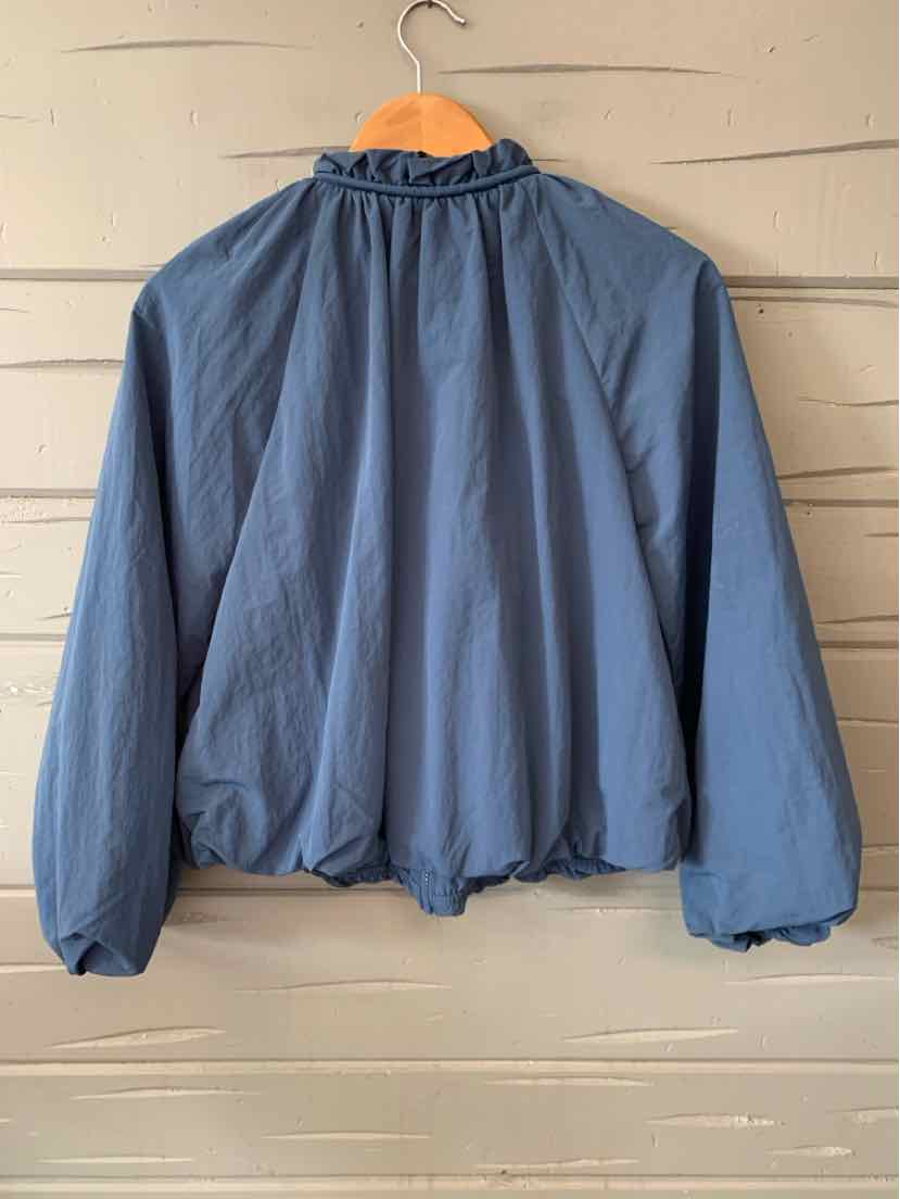 Lightweight blue windbreaker jacket with elastic cuffs and hem, gathered high collar, and relaxed fit.
