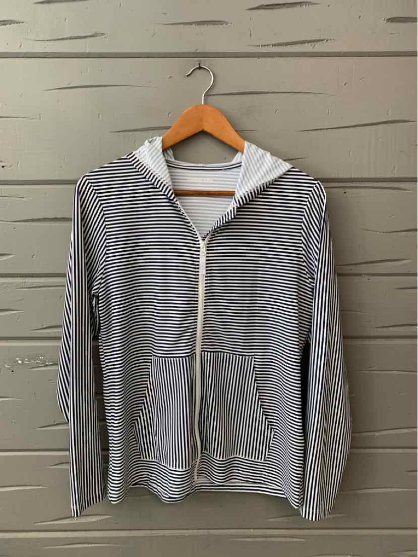 Light gray and white striped zip-up hoodie with kangaroo pockets and a drawstring hood, medium size.