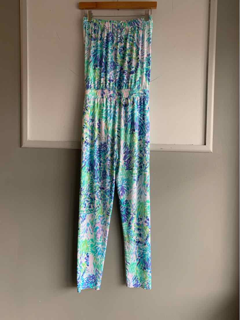 Teal sleeveless jumpsuit with tropical floral print and elastic waist in size XS.