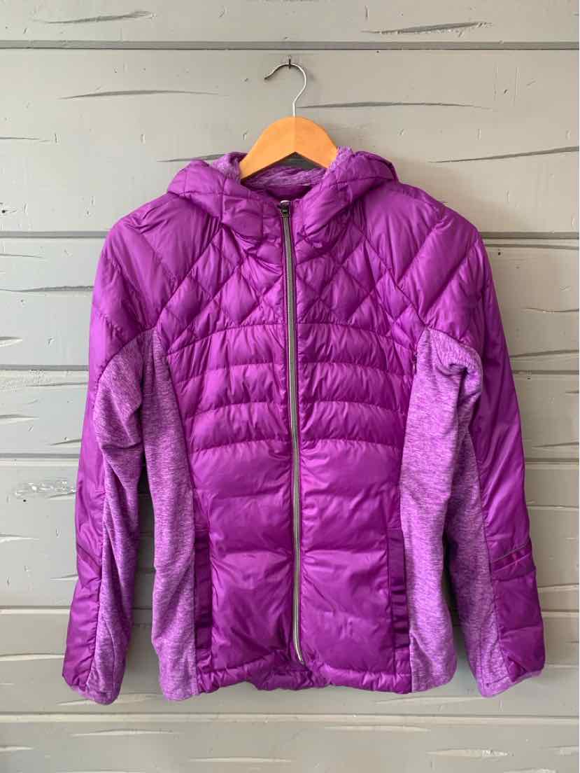 Purple quilted jacket with hood and full front zipper, wool-blend sleeves, size 6.
