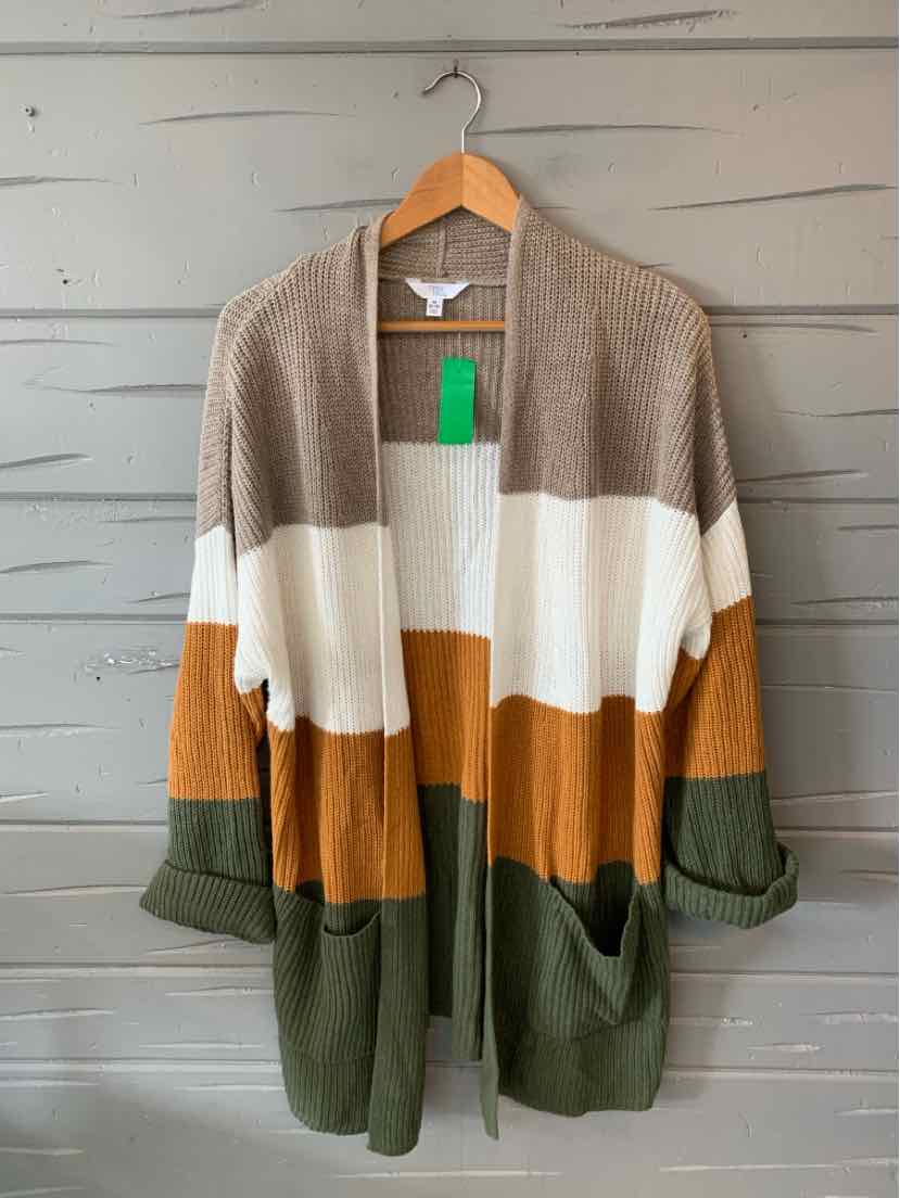 Color block cardigan with open front, long sleeves, and pockets in beige, white, rust, and olive green.