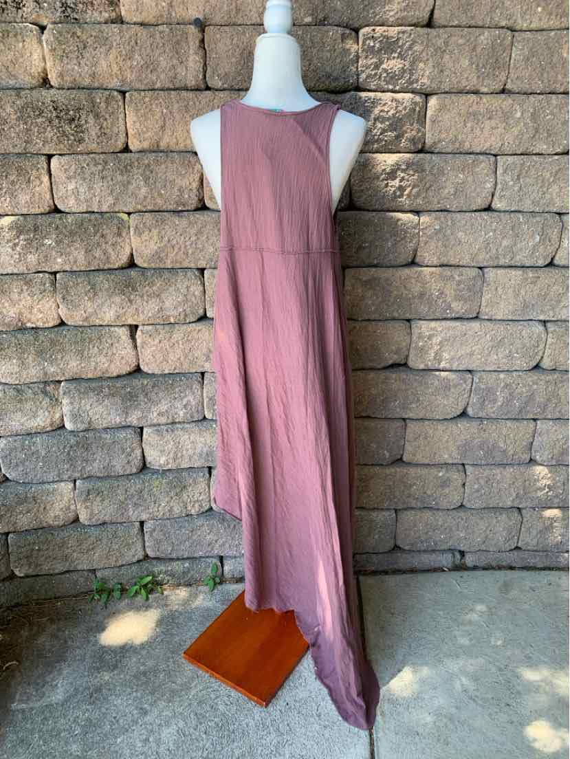 Dusty rose sleeveless asymmetrical hem dress with square neckline and relaxed fit.