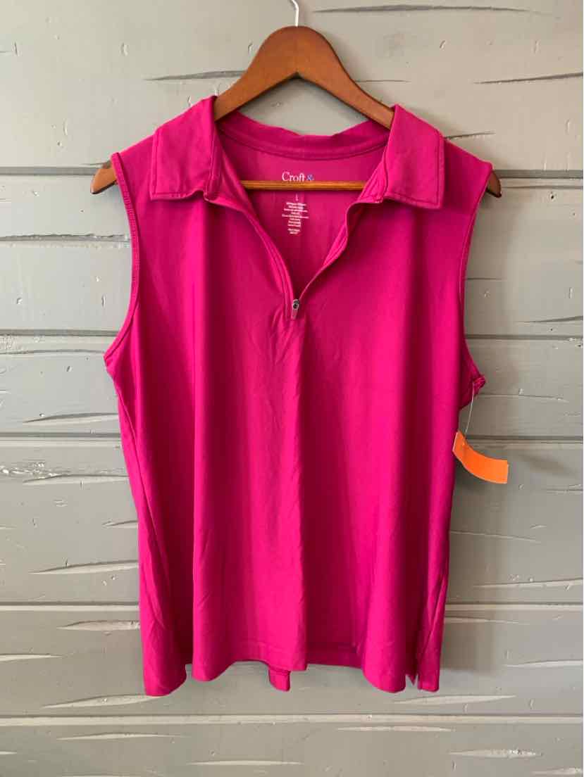 Bright pink sleeveless polo shirt with zipper front and folded collar, size large.