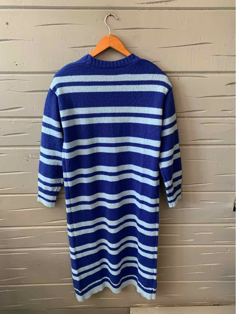 Blue and white striped mid-length knit dress with 3/4 sleeves on wooden hanger.