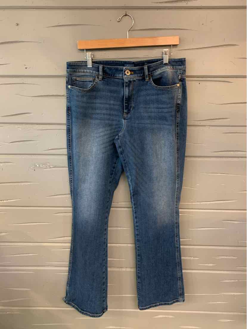 Blue mid-rise straight-leg jeans with front pockets and button closure, size 10.