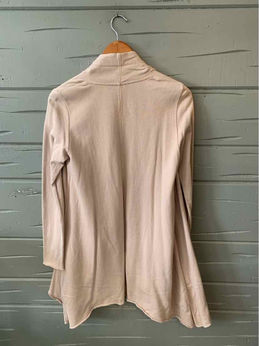 Light beige long-sleeve cardigan with draped open front and relaxed fit, size XS.