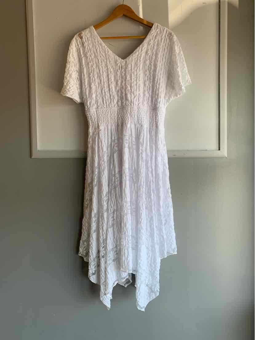 White lace dress with V-neck, short sleeves, and asymmetrical hem hanging on wooden hanger.