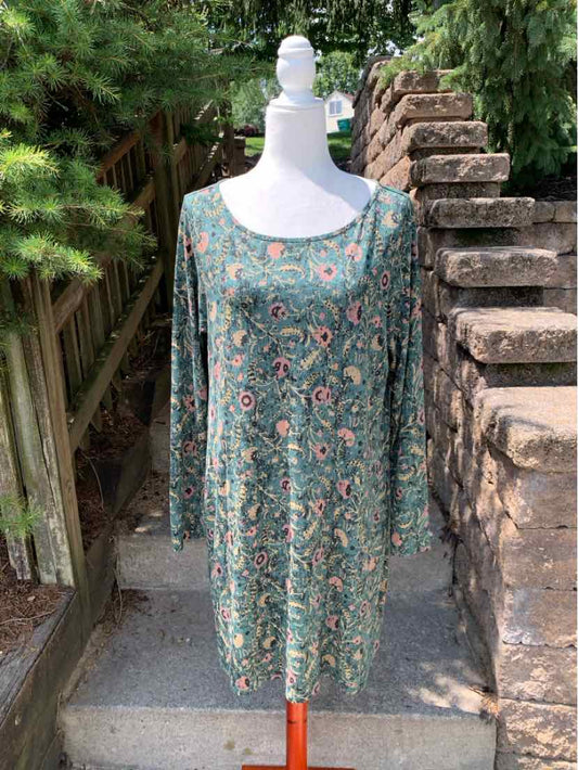 Long-sleeve floral dress in teal with pink and white flowers, scoop neckline, knee-length, flowy fabric.