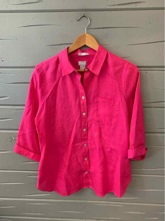Bright pink long-sleeve button-up shirt with collar and chest pocket, medium size.
