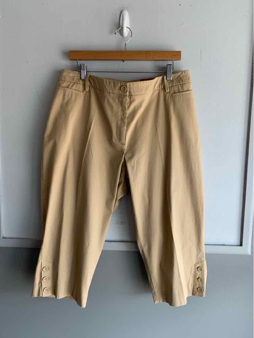 Tan cropped pants with front pockets and button detailing on hem, size 16WP.