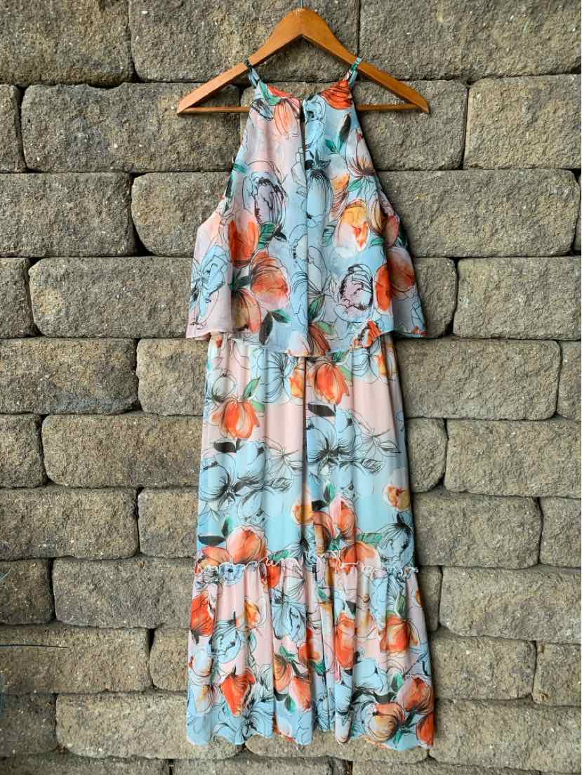 Sleeveless halter-neck maxi dress with pink and orange floral print on light blue fabric.