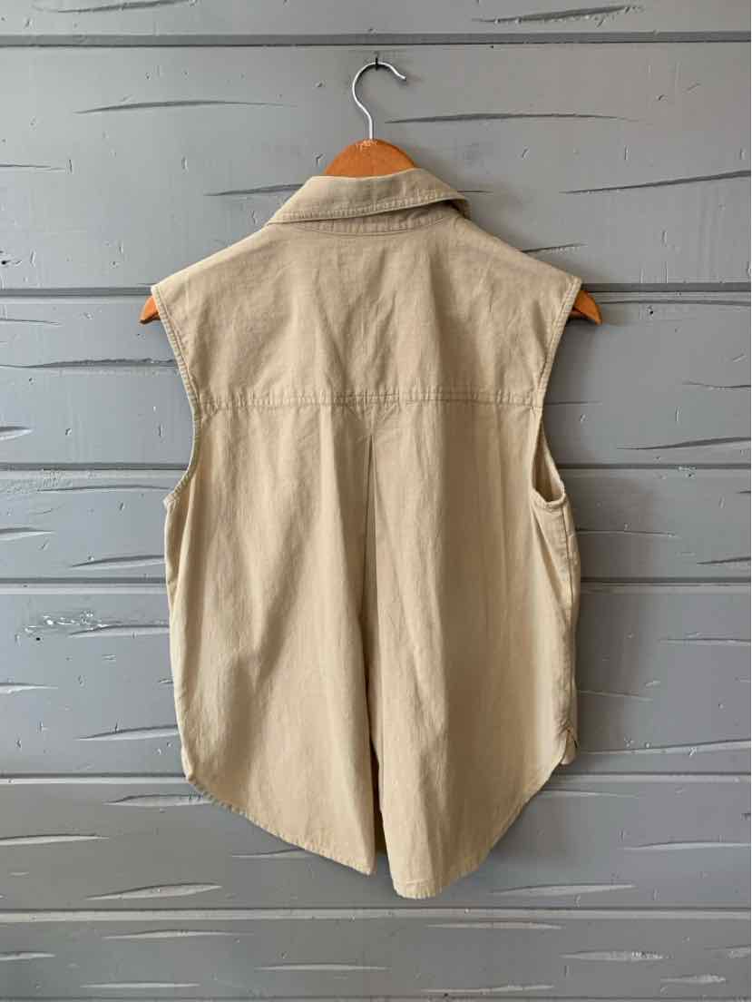 Sleeveless tan button-up shirt with collar, made of lightweight fabric, size small.