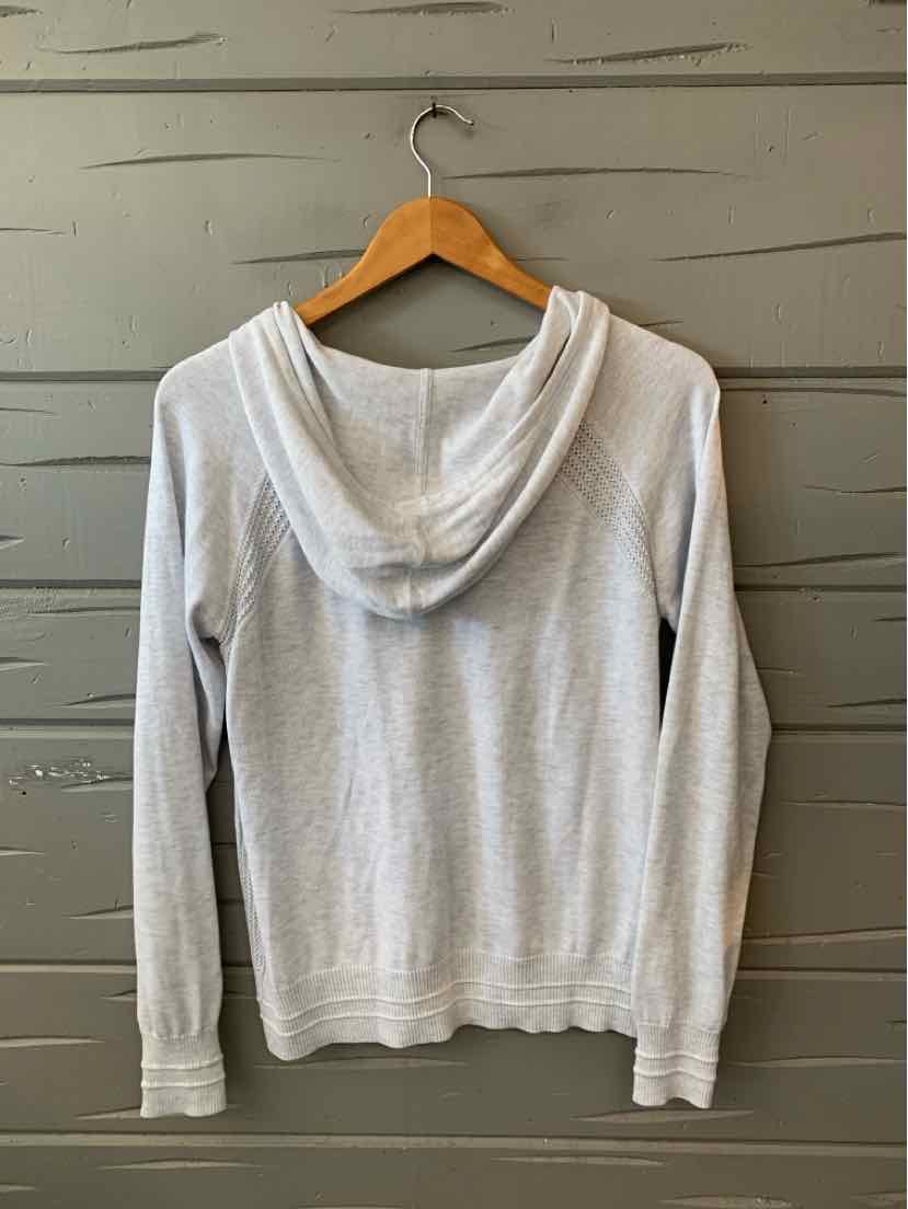 Light gray heathered Athleta pullover hoodie with a draped cowl neck and long sleeves.