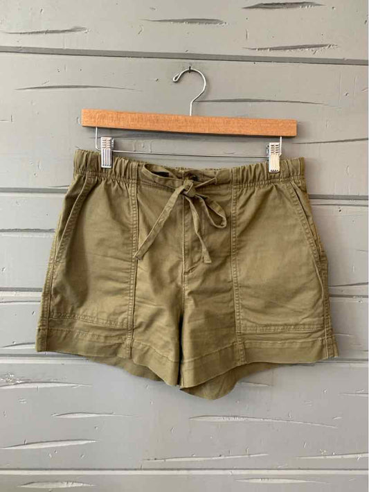Olive green cotton drawstring shorts with front pockets and cuffed hems on wooden hanger.