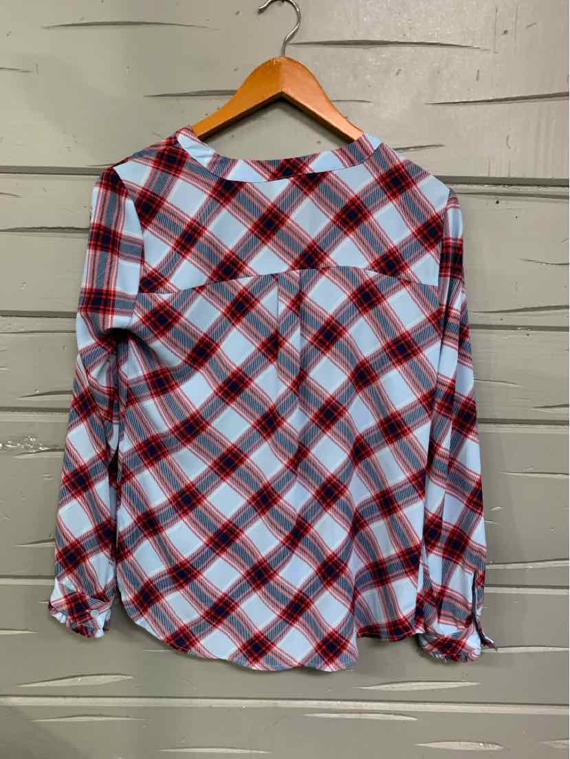 Women's blue and red plaid long-sleeve blouse with gathered cuffs, size XS.