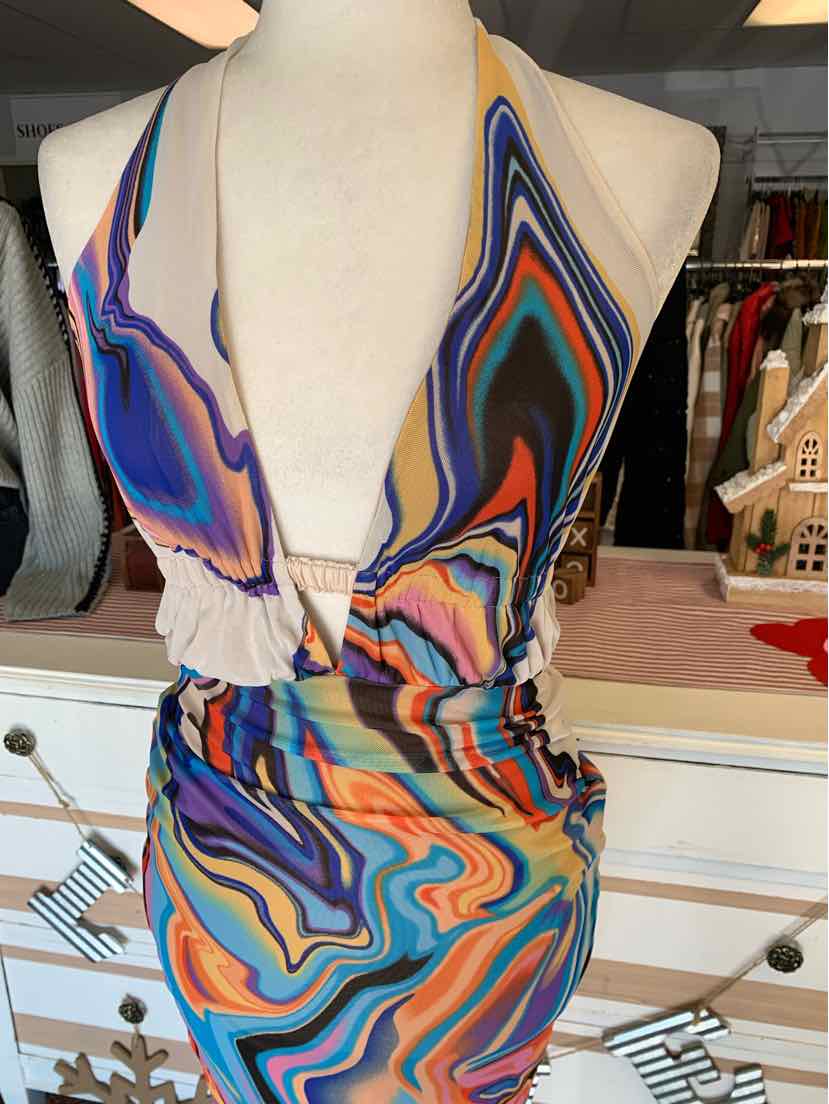 Sleeveless multicolor swirl print dress with deep V-neck in size XS on mannequin.