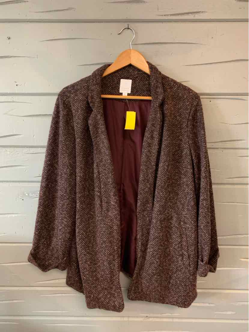 Burgundy tweed blazer with relaxed fit and open front, size XL, hanging on wooden hanger.
