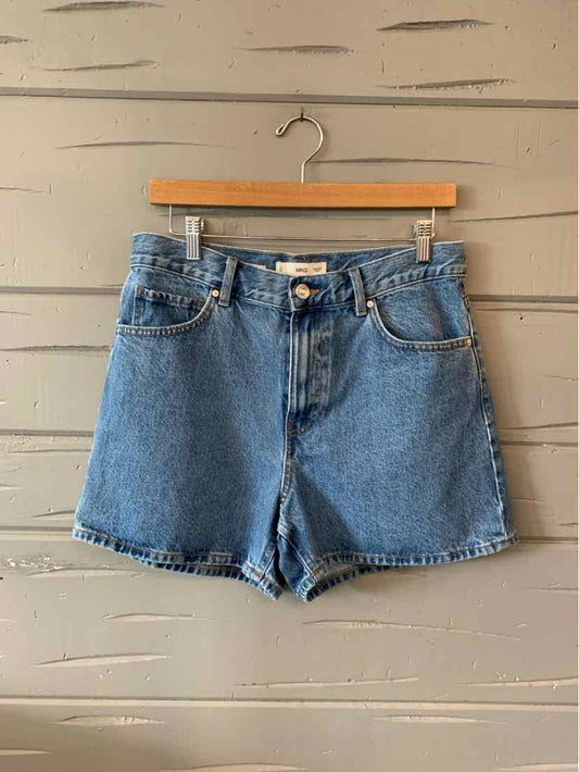High-waisted blue denim shorts with front pockets and button closure, size 8.