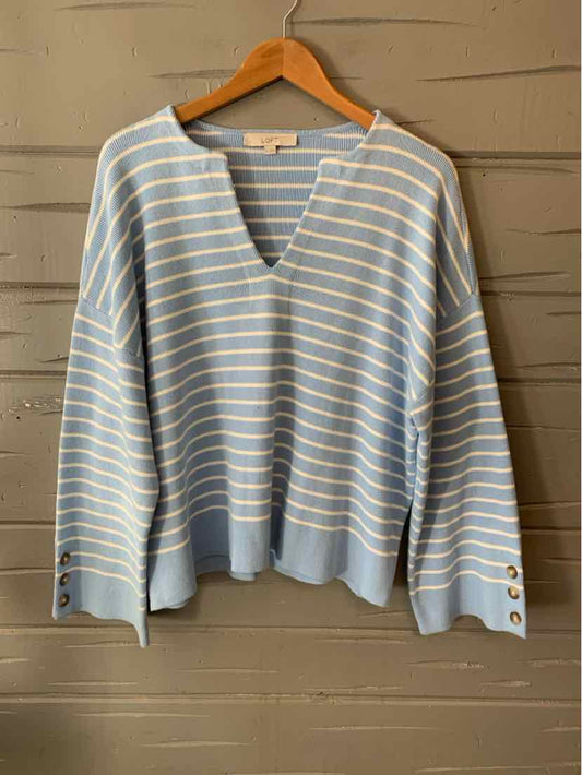 Light blue and white striped V-neck sweater with button details on cuffs, oversized fit XL.